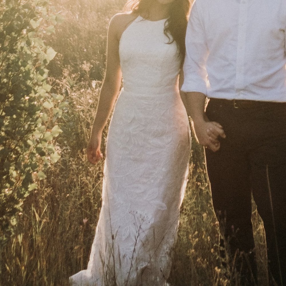 Sequin Leaf-Applique High Neck Sheath Wedding Gown